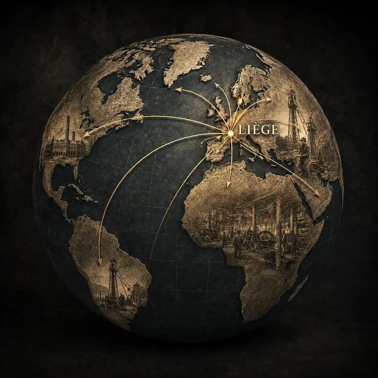 Antique globe illustrating the international expansion of Vieille-Montagne from Liège
